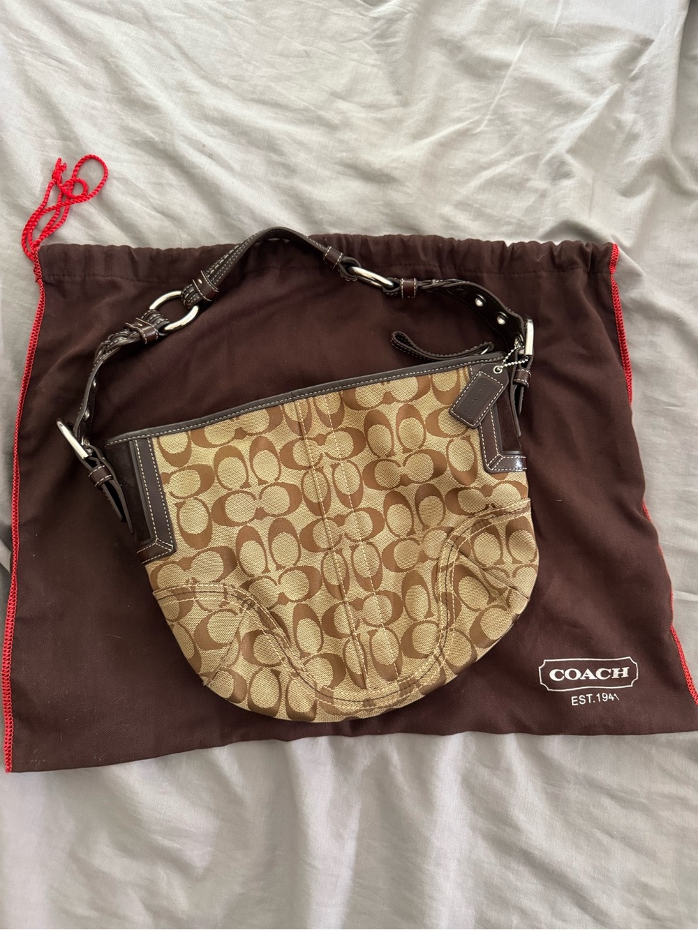Coach Y2K 2000’s signature jacquard tan khaki brown small shoulder hobo bag